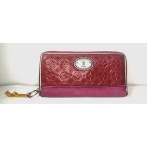 Fossil Red with Pink Trim Clutch Zip Around Leather Wallet  Distressed